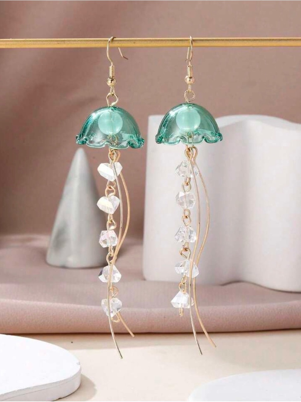 Sea Glass Blue Jellyfish Dangle Earrings with Gold Accents - Picture 3 of 6